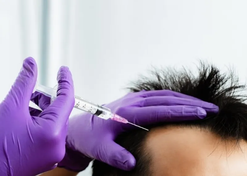 A doctor marks a patient’s hairline design during a pre-surgery consultation