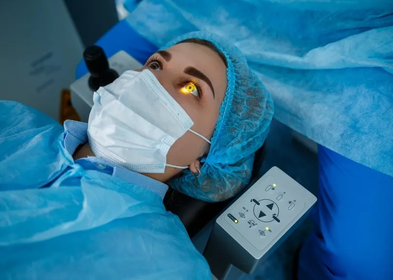 Surgeon guiding an excimer laser over a patient's eye during LASIK surgery.