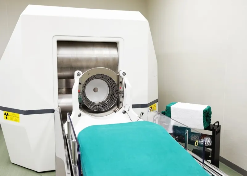 Gamma Knife treatment room with the radiosurgery unit ready for a patient
