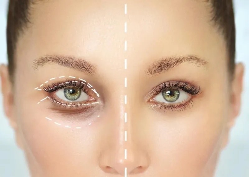 Close-up of a patient's eyes being assessed before blepharoplasty eyelid surgery.