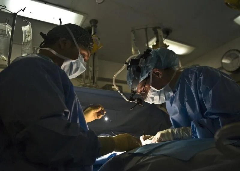 Surgeons performing revisional bariatric surgery in an operating room in Istanbul, Turkey